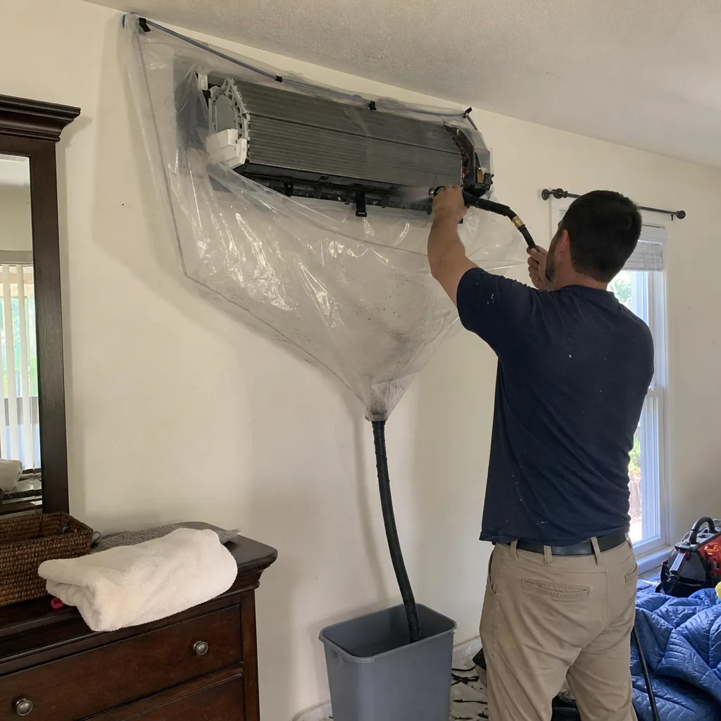 Technician performing professional ductless HVAC system deep cleaning in a room
