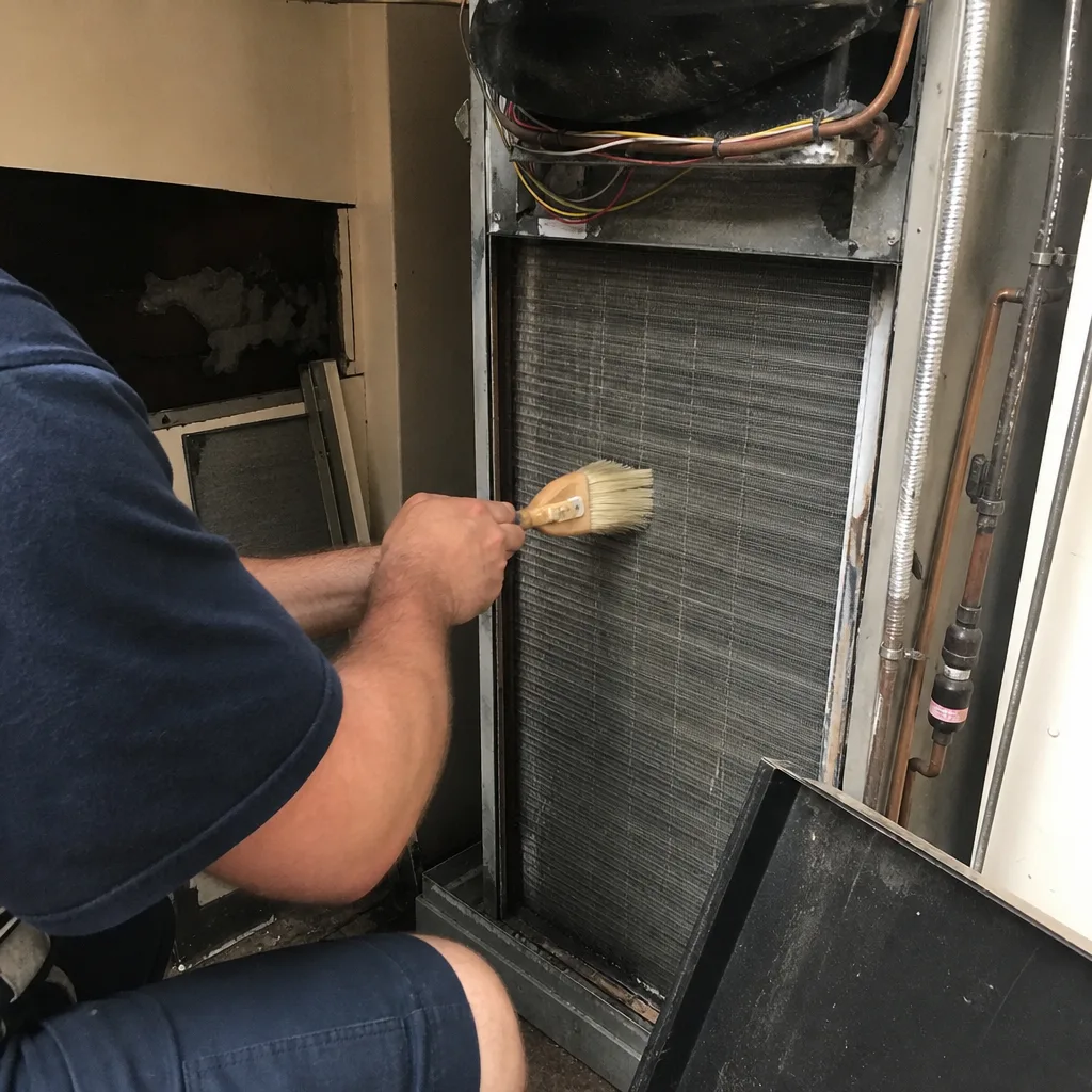 HVAC technician cleaning air conditioning coils with a brush